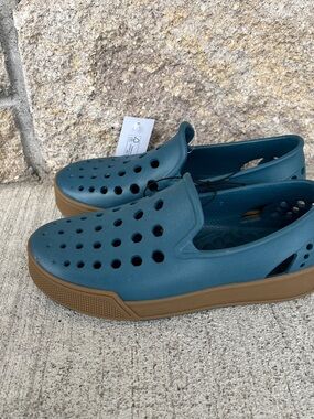 Blue Teal Slip-On Sandals with Brown Sole